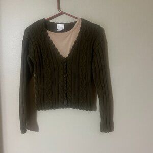 Moda Intl Olive Green Scalloped Front Button Up Sweater (Size XS)
